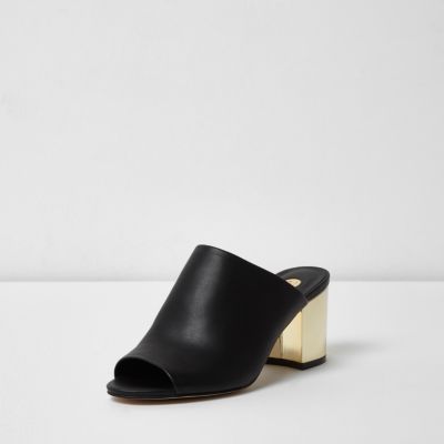 Black gold heel mules